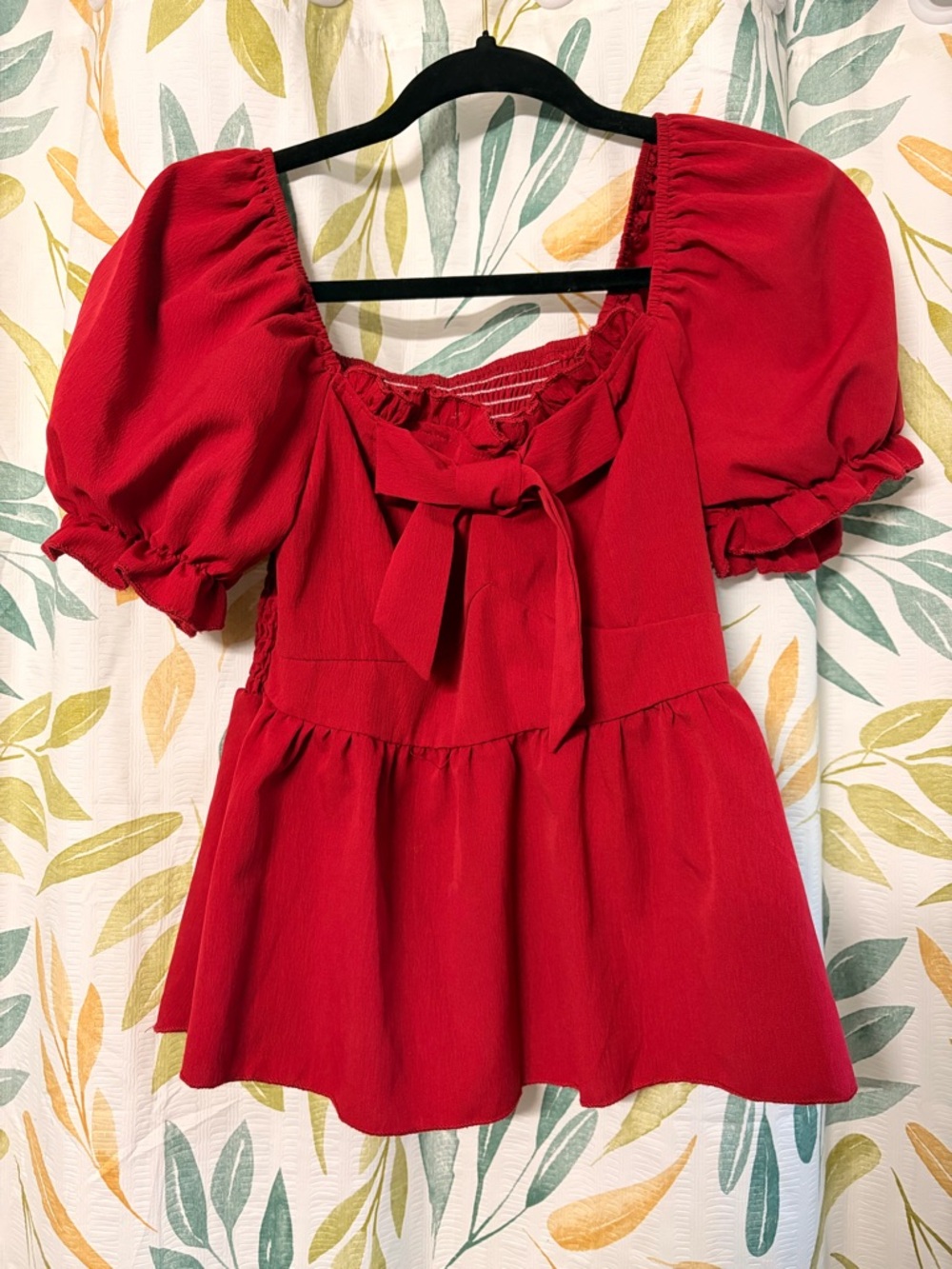 Women's Red Puff Sleeve Tie-Front Top